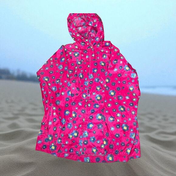Lands End Girls Rain Jacket Sz 14 Hooded Windbreaker Full Zip Nylon Floral Pink - Picture 1 of 14